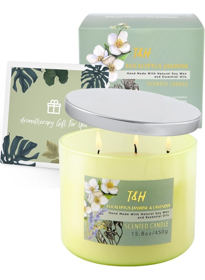 T&H Eucalyptus Jasmine Lavender Candle - Large 3 Wick Scented Candles for Home - Spring Candles - Aromatherapy Stress Relief Candles 15.8 oz, Clean Burn Natural Soy Lavender Candles for Women & Men - Image 5